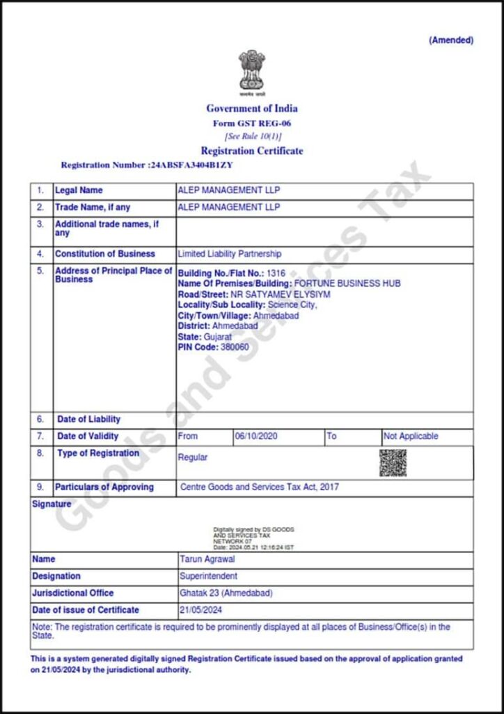 Alep Management LLP GST Registration Certificate